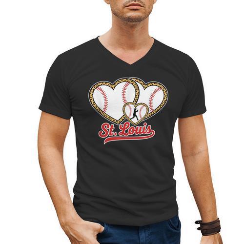St Louis Leopard Heart Baseball Batter Boys Fan Men's V-Neck T-Shirt - Sportilla