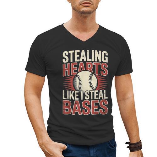 Stealing Hearts Like I Steal Bases Baseball Valentine Retro Men's V-Neck T-Shirt - Sportilla