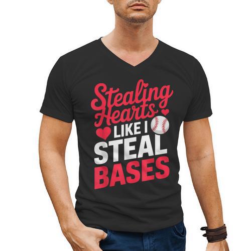 Stealing Hearts Like I Steal Bases Cute Baseball Valentine Men's V-Neck T-Shirt - Sportilla
