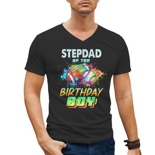 Stepdad Of The Birthday Boy Baseball Football Colorful Men's V-Neck T-Shirt - Sportilla