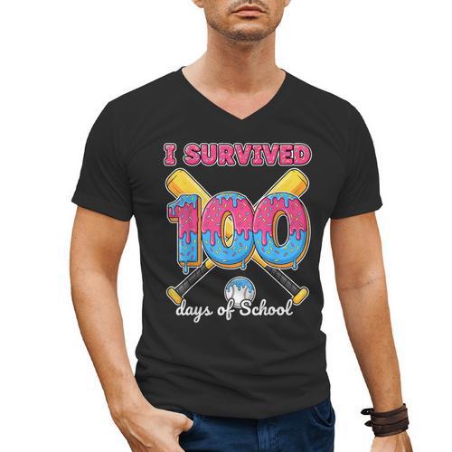 I Survived 100 Days Of School Baseball Cream Drip Boys Men's V-Neck T-Shirt - Sportilla