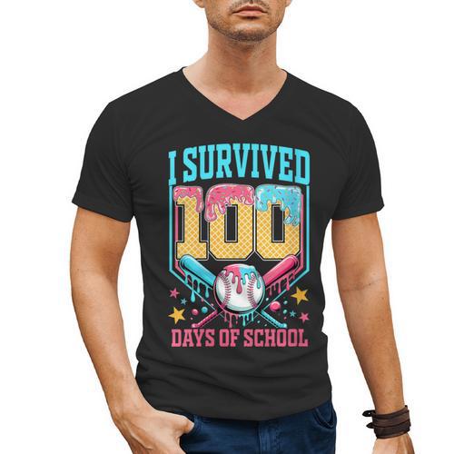 I Survived 100 Days Of School Baseball Drip Students Teacher Men's V-Neck T-Shirt - Sportilla