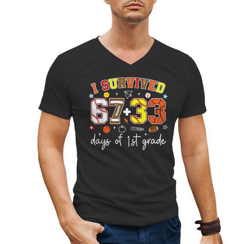 I Survived 6733 Days Of 1st Grade Baseball Football 100 Day Men's V-Neck T-Shirt - Sportilla