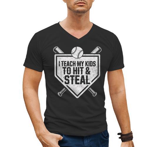 I Teach My Kids To Hit & Steal Baseball Player Coach Dad Tee Men's V-Neck T-Shirt - Sportilla