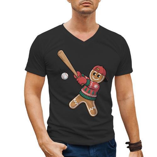 Ugly Christmas Sweater Gingerbread Baseball Toddler Kids Men's V-Neck T-Shirt - Sportilla