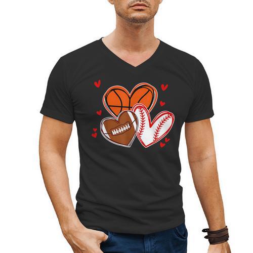 Valentines Baseball Basketball Football Heart Boy Men Men's V-Neck T-Shirt - Sportilla