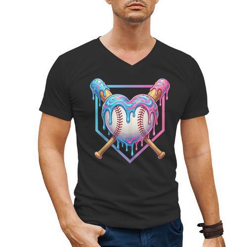 Valentines Baseball Heart Dripping Ice Cream Gen Z Alpha Men's V-Neck T-Shirt - Sportilla