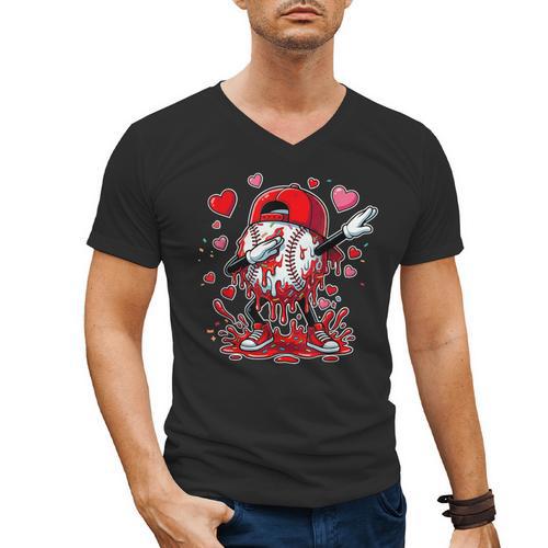 Valentines Baseball Toddler Boys Kids Dabbing Baseball Drip Men's V-Neck T-Shirt - Sportilla