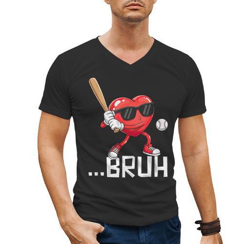 Valentines Bruh Red Heart Playing Baseball Men Boys Kids Men's V-Neck T-Shirt - Sportilla