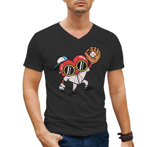 Valentines Day Baseball Heart Gloves Cute Boys Kid Youth Men Men's V-Neck T-Shirt - Sportilla