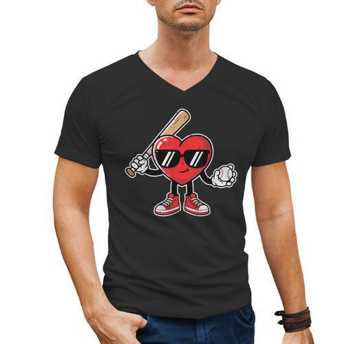 Valentines Day Heart Baseball Player Sports Boys Kids Men Men's V-Neck T-Shirt - Sportilla