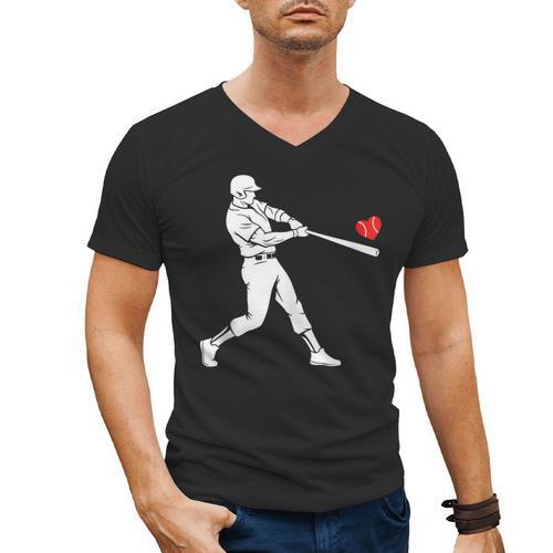 Valentines US Baseball Player Silhouette Heart Men's V-Neck T-Shirt - Sportilla