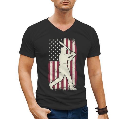 Vintage American Flag Baseball Batter Patriotic Home Run Men's V-Neck T-Shirt - Sportilla