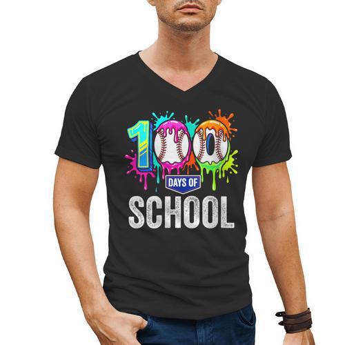 Women's 100 Days Of School Dripping Baseball Boys Kids Teacher Men's V-Neck T-Shirt - Sportilla