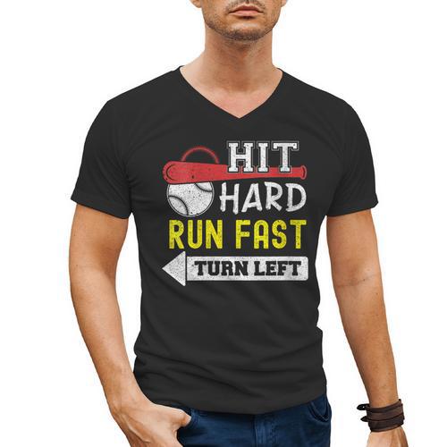 Women's Hit Hard Run Fast Turn Left Baseball Quote Fan Coach Men's V-Neck T-Shirt - Sportilla