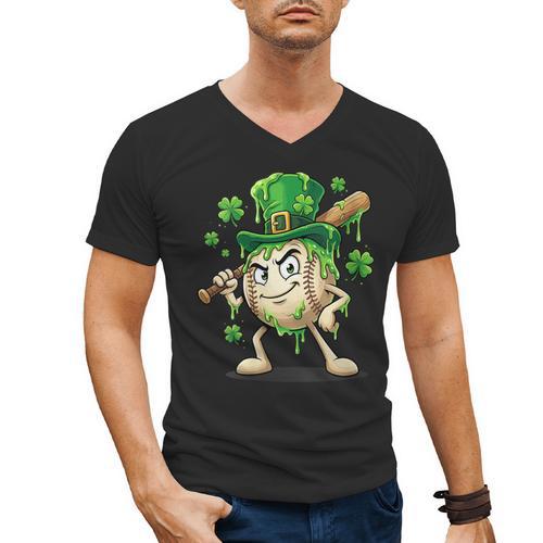 Women's St Patricks Day Baseball Leprechaun Shamrock Player Boys Kid Men's V-Neck T-Shirt - Sportilla