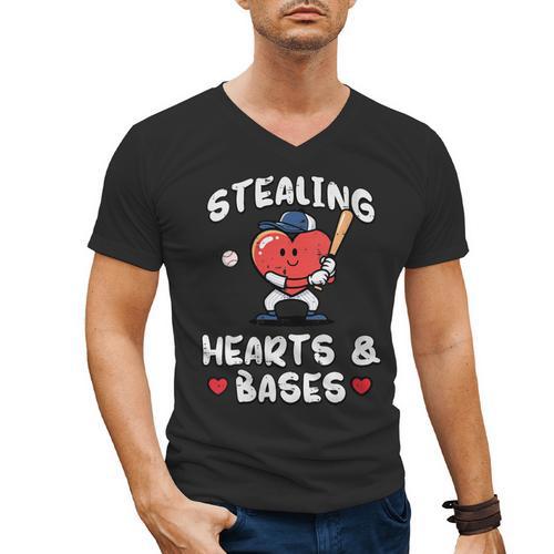 Women's Valentines Day Baseball Stealing Hearts Bases Boys Kids Men Men's V-Neck T-Shirt - Sportilla