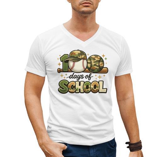 100 Days Of School Baseball Camo School Teacher Boy Men's V-Neck T-Shirt - Sportilla