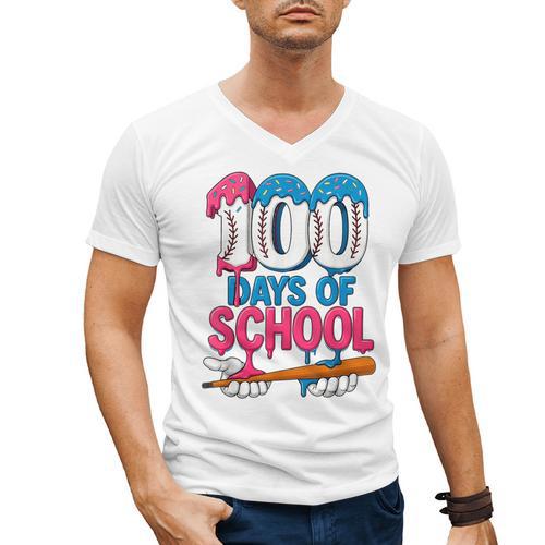100 Days Of School Baseball Drip Bat 100th Day Of School Boy Men's V-Neck T-Shirt - Sportilla