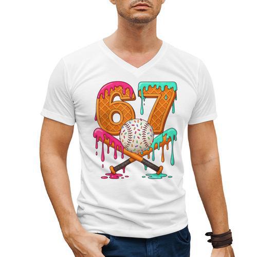 67 Ice Cream Drip Baseball Number 67 Player 67th Birthday Men's V-Neck T-Shirt - Sportilla