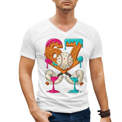 67 Ice Cream Drip Baseball Number 67 Player 67th Birthday Premium Tri-Blend Men's V-Neck T-Shirt - Sportilla