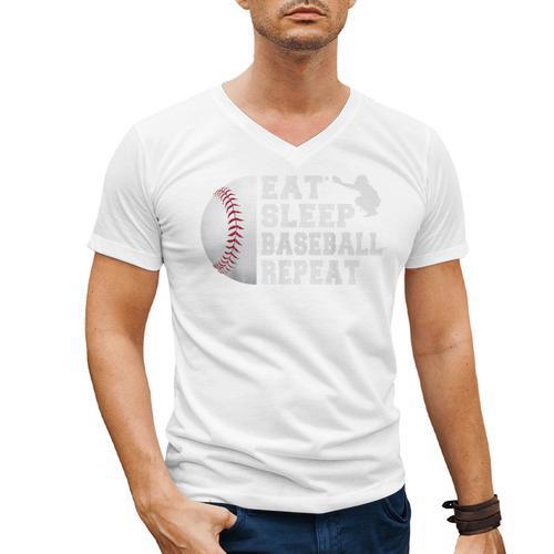 Baseball Catcher Eat Sleep Repeat Youth Boys Men Men's V-Neck T-Shirt - Sportilla