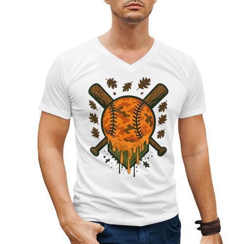 Baseball Drip Ice Cream Dripping Blaze Hunter Orange Camo Men's V-Neck T-Shirt - Sportilla
