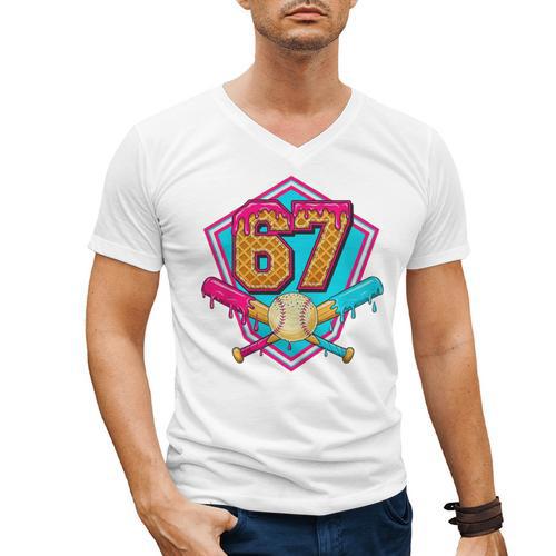 Baseball Drip Jersey Number 67 For Players & 67th Birthday Premium Tri-Blend Men's V-Neck T-Shirt - Sportilla