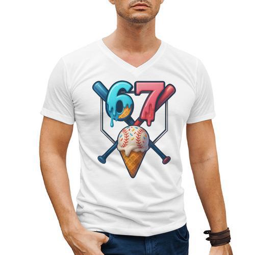 Baseball Ice Cream Drip 67 Six Seven Gen Alpha Slang Meme Men's V-Neck T-Shirt - Sportilla