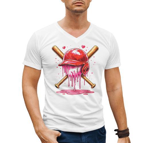 Boys Valentine Day Baseball Helmet Drip Ice-Cream Youth Kids Men's V-Neck T-Shirt - Sportilla