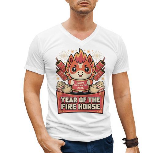 Chinese New Year 2026 Fire Horse Celebration Raglan Baseball Tee Men's V-Neck T-Shirt - Sportilla