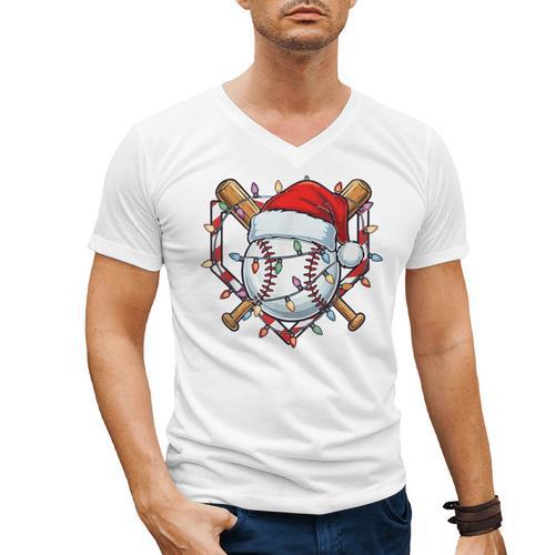Christmas Baseball Santa Hat For Baseball Players Fans Men's V-Neck T-Shirt - Sportilla