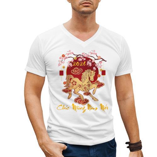 Chuc Mung NAM Moi 2026 Vietnamese Lunar New Year Of Horse Raglan Baseball Tee Men's V-Neck T-Shirt - Sportilla