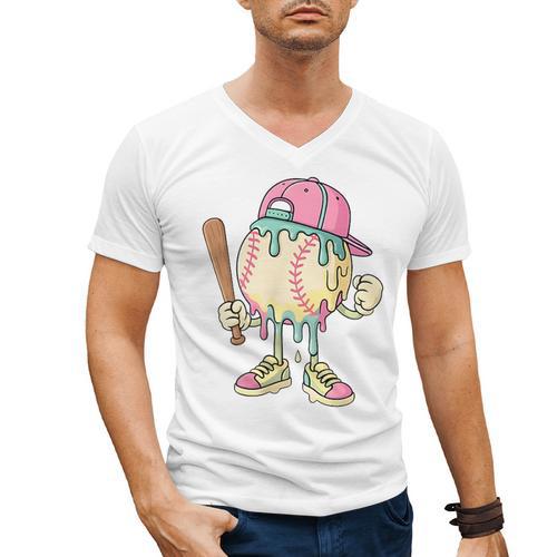 Cute Baseball Ice Cream Drip For Girls & Boys 2 Sides Men's V-Neck T-Shirt - Sportilla