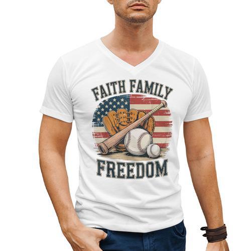 Faith Family Freedom Patriotic Christian Baseball Game Day Men's V-Neck T-Shirt - Sportilla