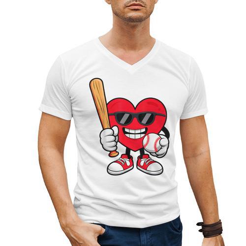 Heart Playing Baseball Valentines Day Men's V-Neck T-Shirt - Sportilla