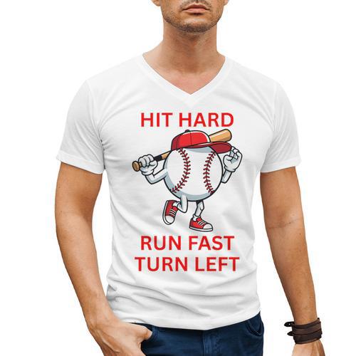 Hit Hard Run Fast Turn Left Baseball Player Premium Tri-Blend Men's V-Neck T-Shirt - Sportilla