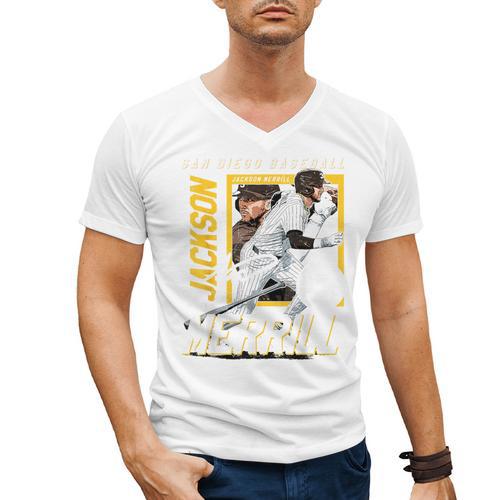 Jackson Merrill San Diego MLB Baseball Player MLBJME203M Men's V-Neck T-Shirt - Sportilla