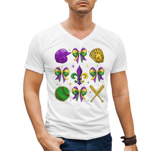 Mardi Gras Baseball Coquette Bow Fat Tuesday Parade Girls Men's V-Neck T-Shirt - Sportilla