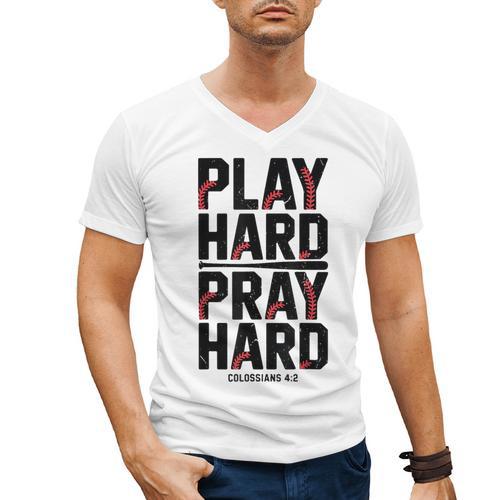 Play Hard Pray Hard Youth Boy Christian Baseball Jesus Men's V-Neck T-Shirt - Sportilla