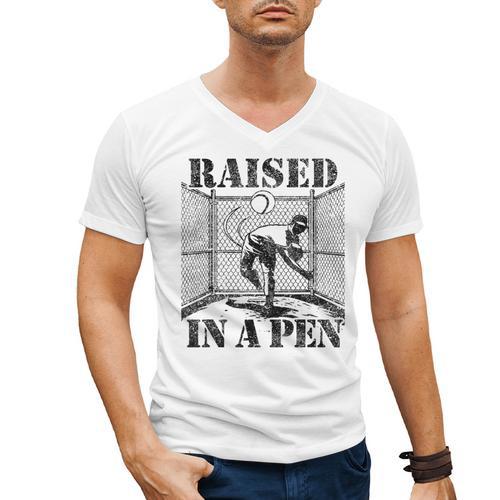 Raised In a Pen Baseball Pitcher Saying Bullpen Men's V-Neck T-Shirt - Sportilla