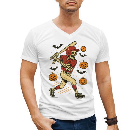 Skeleton Halloween Baseball Boys Men Kids Toddler Men's V-Neck T-Shirt - Sportilla