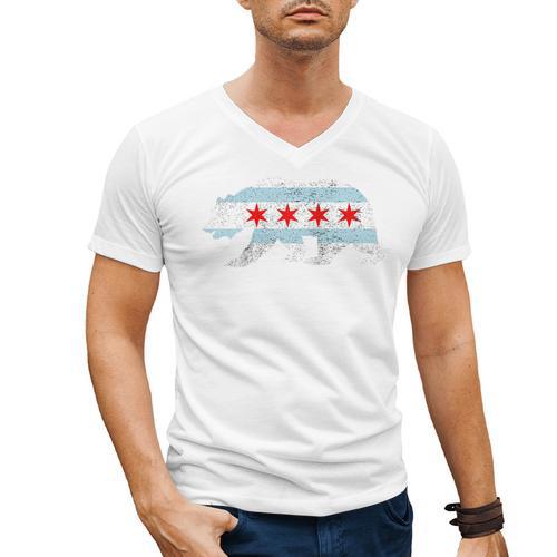 Sweet Vintage Retro Chicago City Flag Bear Print Raglan Baseball Tee Men's V-Neck T-Shirt - Sportilla