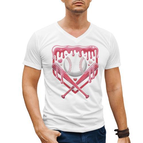 Valentines Baseball Boys Ice Cream Drip Heart Youth Kids Men's V-Neck T-Shirt - Sportilla