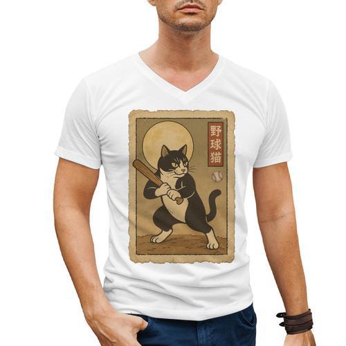 Vintage Japanese Ukiyo-e Baseball Cat Batting Men's V-Neck T-Shirt - Sportilla