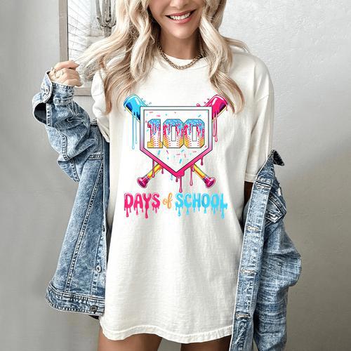 100 Days Of School Ice Cream Drip Baseball 100 Days Smarter Women's Comfort Colors T-Shirt - Sportilla