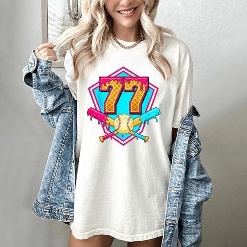 Baseball Drip Jersey Number 77 For Players & 77th Birthday Women's Comfort Colors T-Shirt - Sportilla