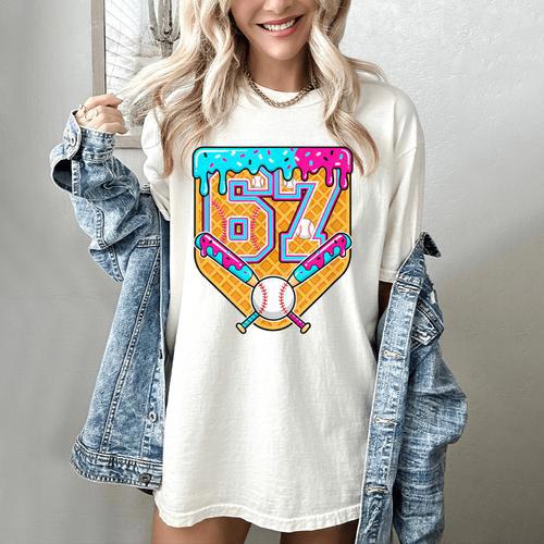 Baseball Drip Number 67 Ice Cream Home Plate Drip Women's Comfort Colors T-Shirt - Sportilla