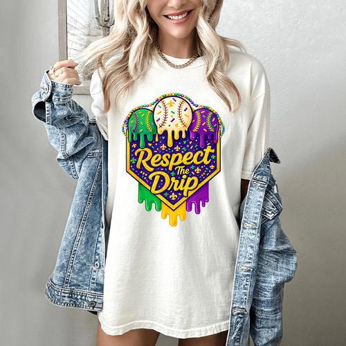 Baseball Ice Cream Respect The Drip Mardi Gras Carnival Boys Women's Comfort Colors T-Shirt - Sportilla