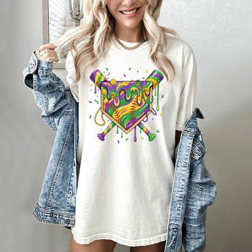 Baseball Mardi Gras Home Plate Ice Cream Drip Carnival Mask Women's Comfort Colors T-Shirt - Sportilla